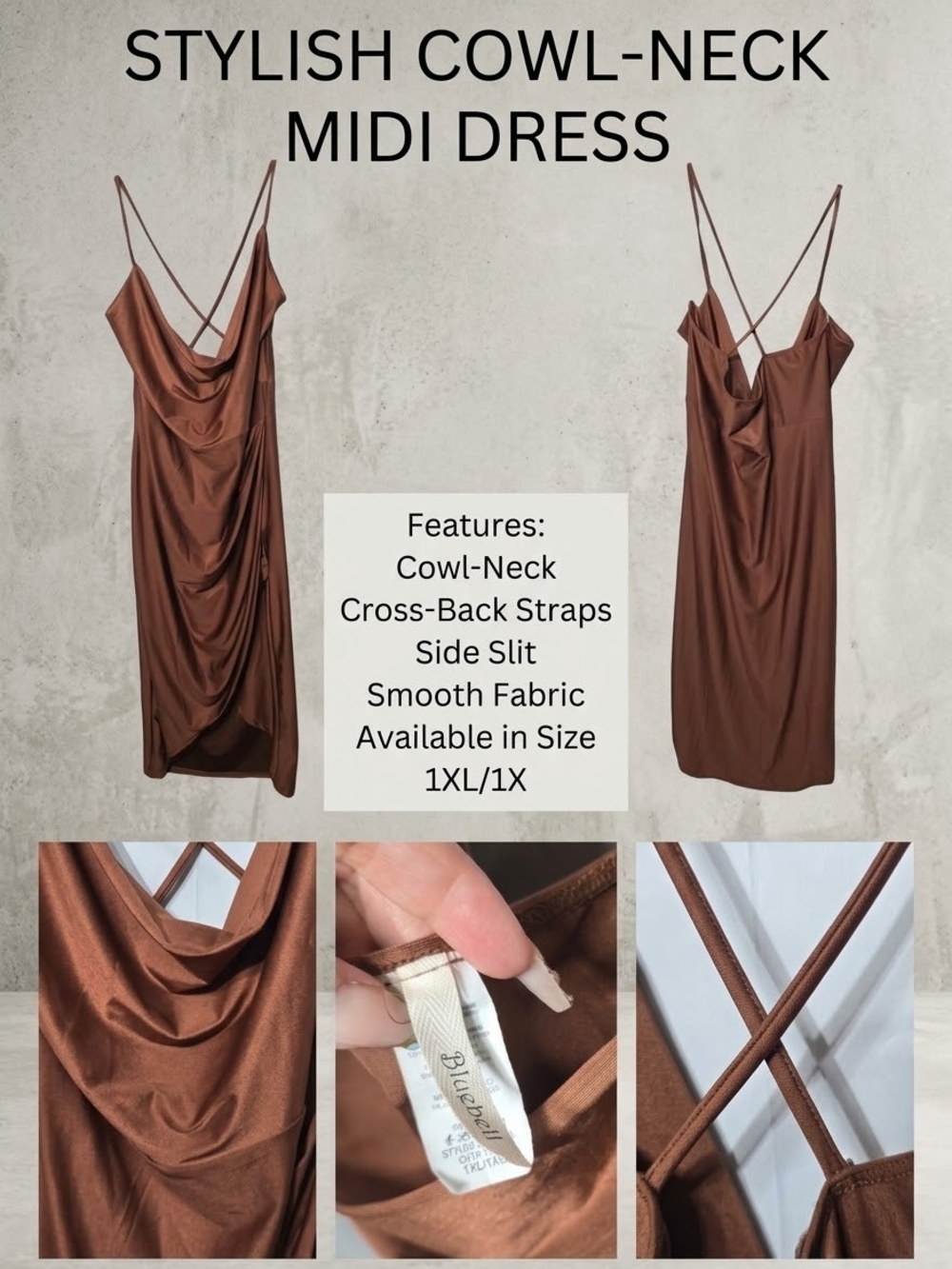 Bluebella Brown Cowl-Neck Midi Dress with Cross-Back Straps